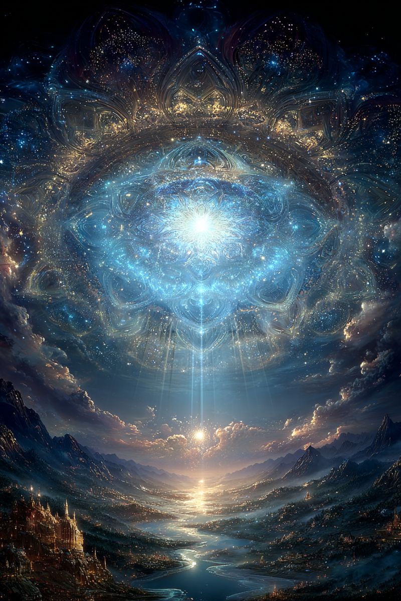 Ciel montagne eau nuage soleil riviere chateau ville batiment bourg mer nuit obscurite lueur reflexion etoile univers espace Scène surréaliste et mystique avec une grande structure circulaire lumineuse au centre, ressemblant à un mandala ou un oeil cosmique. Cette caractéristique centrale est entourée de motifs complexes et tourbillonnants dans des nuances de bleu, d'or et de blanc, créant un sentiment de profondeur et de mouvement. Le ciel est rempli d'étoiles et de corps célestes, ajoutant à l'atmosphère éthérée. Sous la structure circulaire, il y a un vaste paysage avec des montagnes, une rivière et une structure ressemblant à un château sur le côté gauche, le tout baigné dans une douce lumière lumineuse. La scène évoque un sentiment d'émerveillement et de tranquillité, avec une touche de fantaisie et de mysticisme.