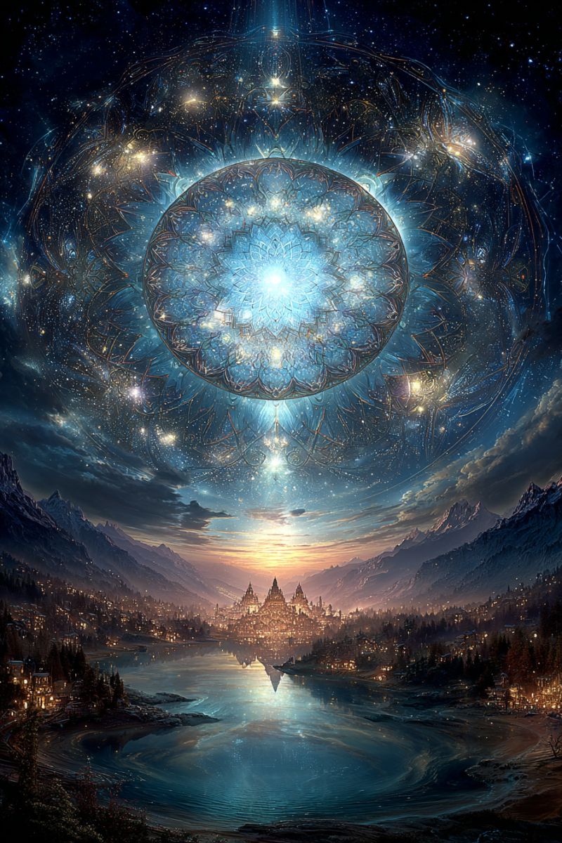 Stars moon lake mountains castle city reflection water trees buildings sky clouds fantasy imagination dream night fantastical landscape with a large, glowing sphere floating above a serene lake. The sphere is intricately designed with a pattern of stars and lights, giving it a mystical appearance. Below the sphere, a city is nestled between mountains, with numerous buildings and lights illuminating the area. The city is reflected in the calm waters of the lake, creating a mirror image. The sky is a deep blue, dotted with stars, and the horizon is painted with the warm colors of a setting sun. The overall scene is peaceful and otherworldly, blending elements of fantasy and nature.