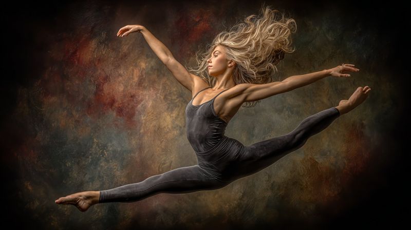 Ballet danseur performance grace expression emotion beaute creativite talent passion inspiration liberte imagination culture tradition elegance Une femme est capturée en plein vol dans une pose de ballet dynamique. Elle est vêtue d'un leotard et de leggings noirs et élégants, qui mettent en valeur sa silhouette athlétique. Ses cheveux flottent librement, ajoutant au sentiment de mouvement et de grâce. Ses bras sont étendus vers l'extérieur et ses jambes sont pliées aux genoux, créant une arche parfaite. Le fond est un mélange riche et texturé de bruns et de rouges, qui contraste avec sa peau claire et ajoute de la profondeur à l'image. La composition globale suggère un moment de haute énergie et d'élégance, typique d'une danseuse de ballet professionnelle.