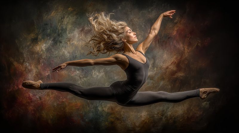 Ballet dancer dance performance grace movement expression emotion beauty flexibility strength technique choreography stage theater costume lighting A woman is captured mid-air in a dynamic ballet pose. She wears a black leotard and tights, her hair flowing freely as she leaps. Her arms are extended gracefully, and her legs are bent at the knees, creating a perfect arch. The background is a rich blend of dark browns, reds, and purples, adding depth and contrast to the image. The lighting highlights her form, emphasizing the fluidity and strength of her movement.