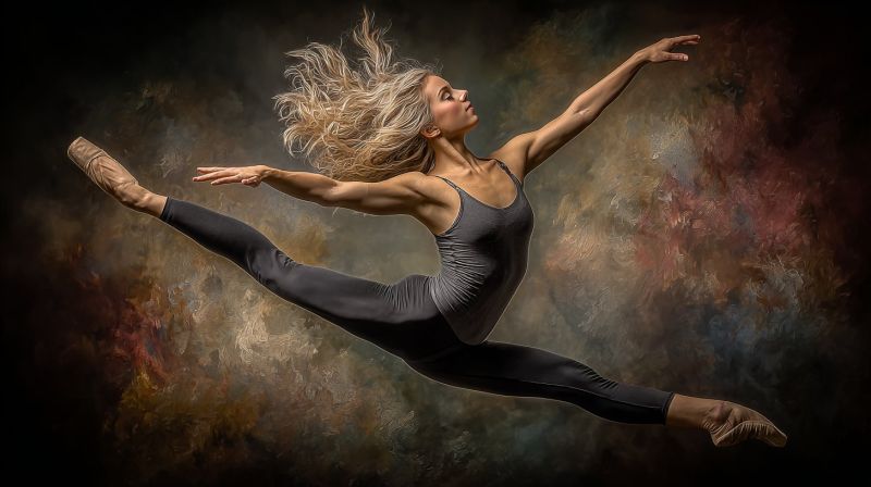 Ballet dancer performance grace flexibility movement expression stage choreography dance elegant aesthetic beauty talent passion culture inspiration A woman is captured mid-air in a dynamic ballet pose. She is dressed in a sleek, sleeveless black leotard and matching tights, with her hair flowing freely behind her. Her right leg is extended straight behind her, while her left leg is bent at the knee, creating a graceful arc. Her arms are extended outwards, one slightly higher than the other, adding to the fluidity of her movement. Her face is turned to the side, showcasing a focused expression. The background is a rich, textured blend of red, brown, and black hues, providing a dramatic contrast to her figure.