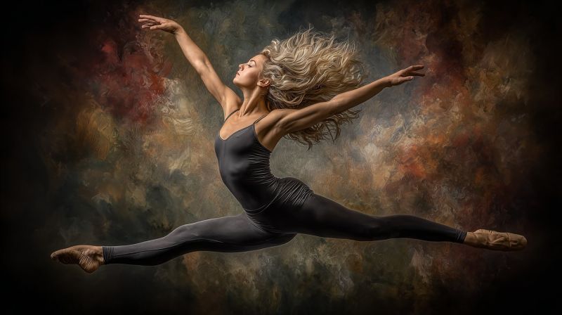 Ballet dancer performance grace flexibility expression movement dance stage choreography elegant training studio rehearsal passion talent inspiration A woman is captured mid-air in a graceful ballet leap. She wears a sleek black leotard and matching tights, her body elegantly arched. Her arms are extended outwards, and her legs are bent at the knees, with her feet pointed. Her hair flows freely behind her, adding to the dynamic motion. The background is a rich, textured blend of browns and reds, enhancing the dramatic effect of her performance.