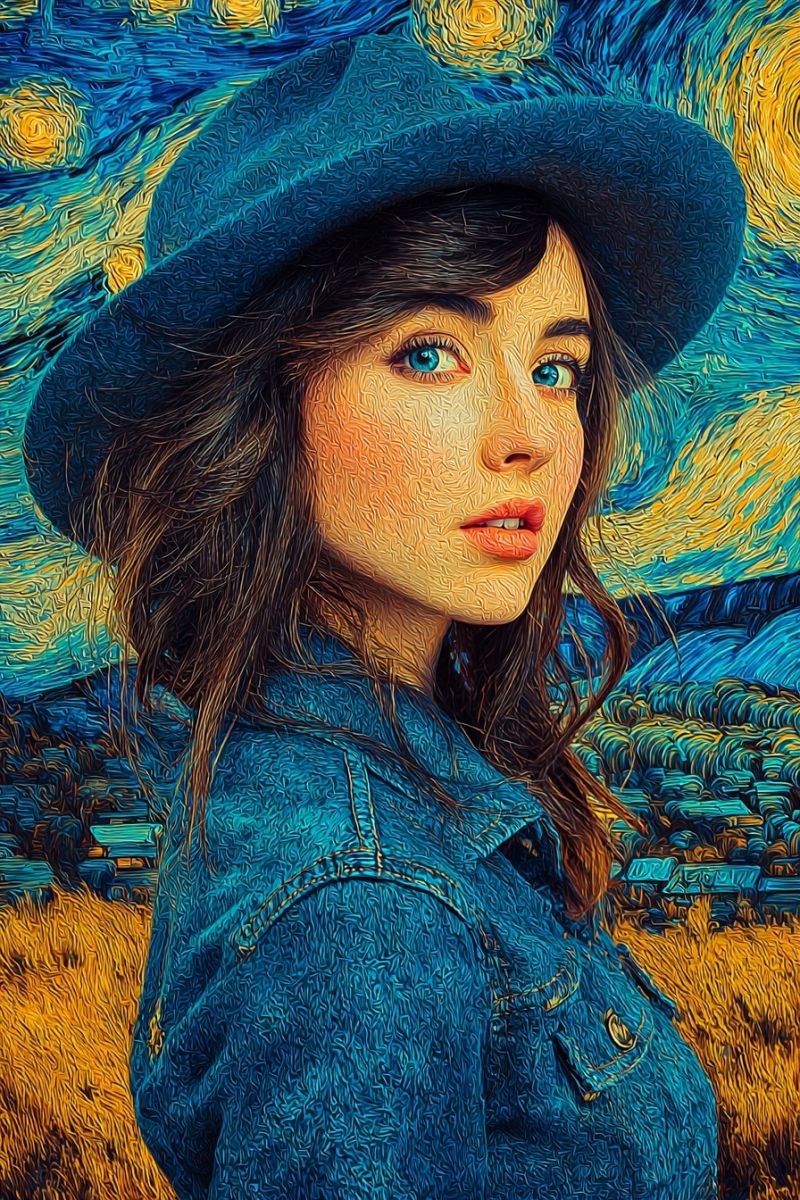 Woman denim hat blue yellow night sky painting village houses trees moon stars impressionism starry wheat field van gogh A woman with brown hair is wearing a denim jacket and a wide-brimmed hat. She has blue eyes and a serious expression. She is standing in a field with a starry night sky in the background, reminiscent of Van Gogh's 