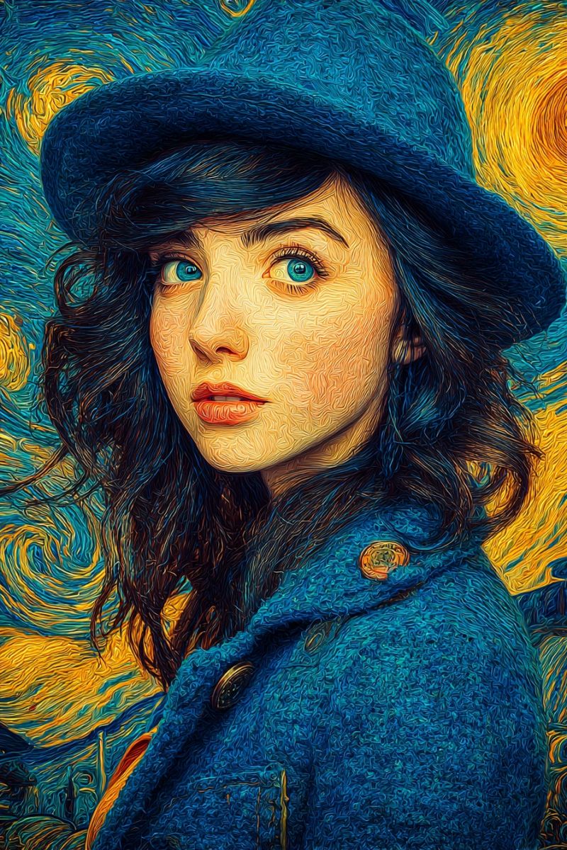 Woman painting blue coat hat eyes lips ear earring button yellow texture brush stroke A digital portrait of a woman with striking blue eyes and dark hair styled in loose waves. She wears a navy blue hat and a matching coat, both with a textured, almost brushstroke-like appearance. Her face is painted with a mix of yellow and blue hues, reminiscent of Van Gogh's style, creating a swirling effect around her. The background is a vibrant swirl of yellow and blue, suggesting a starry night sky.