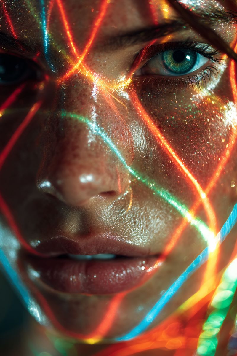 Beauty makeup glitter sparkle glamour fashion creative trend eye eyelash eyebrow lip skin A close-up of a woman's face with vibrant, multicolored lights illuminating her skin. Her face is adorned with sparkling glitter, and her eyes are highlighted with a mix of red, blue, and green lights. The lights create a dynamic and artistic effect, casting shadows and reflections on her face. Her lips are slightly parted, and her expression is serene. The background is blurred, focusing attention on her face and the colorful lights.