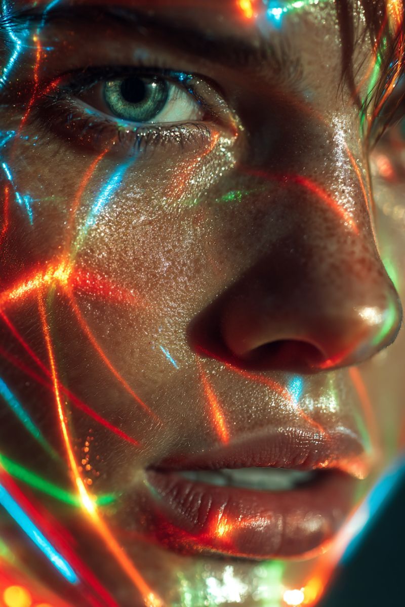 Reflection eye skin glow beauty makeup glamour fashion trend creative colorful A close-up of a woman's face with vibrant, multicolored lights illuminating her features. Her eyes are prominently displayed, with green irises and long, dark eyelashes. The lights create a shimmering effect on her skin, highlighting her freckles and the contours of her face. Her lips are slightly parted, revealing her teeth, and her nose is in the center of the frame. The background is dark, with the lights creating a dramatic contrast against her skin.