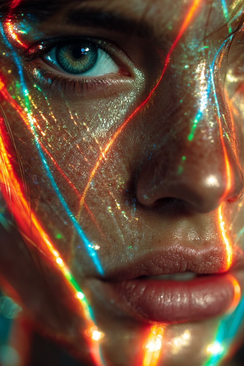 Reflection eye skin beauty makeup glamour fashion trend creative design visual A close-up of a woman's face with vibrant, multicolored light rays illuminating her skin. Her eyes are slightly open, revealing her blue irises and long eyelashes. The light rays create a shimmering effect on her face, with colors like red, blue, green, and yellow. Her lips are slightly parted, and her skin has a smooth, shiny texture. The background is dark, and the light rays are the main focus of the image.