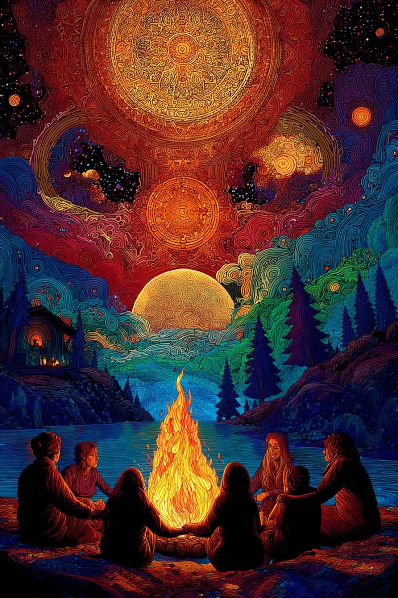 Feu camp camping lac nuit groupe assis ensemble nature arbres montagnes ciel lune etoiles univers tenant mains Un groupe de personnes est assis autour d'un feu de camp sur le rivage d'un lac. Ils se tiennent les mains, formant un cercle. Le feu de camp est brillant et illumine les visages des gens. Le ciel est rempli de couleurs vibrantes, notamment rouge, orange et bleu. Il y a deux grands objets circulaires dans le ciel, dont un est une pleine lune. L'arrière-plan présente une chaîne de montagnes avec des arbres et une petite maison. La scène globale a une atmosphère mystique et sereine.