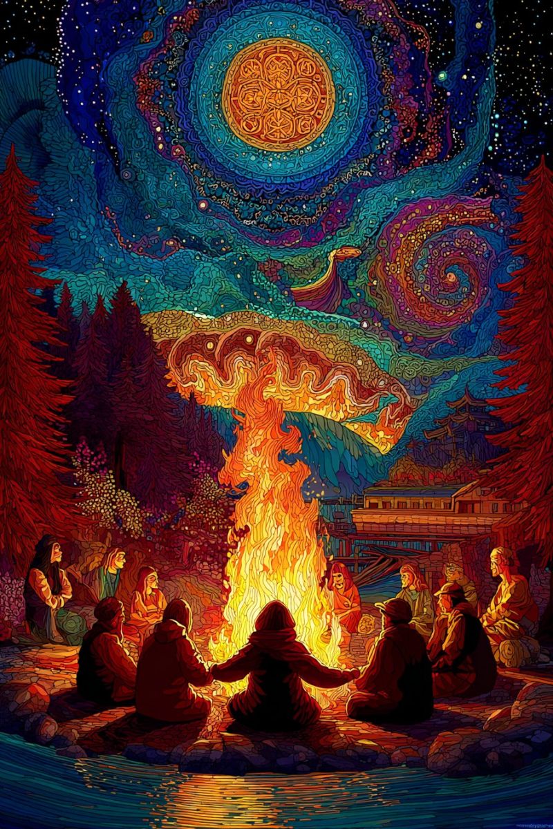 Campfire camping camp night sky fire people group sitting gathering painting trees forest mountains stars moon water A group of people are gathered around a large bonfire in a forest. The fire is burning brightly, casting warm light on the faces of the people. The sky above is a vibrant mix of colors, with a large, circular sun in the center, surrounded by swirling patterns. The trees around the fire are tall and dark, and the ground is rocky. The people are sitting in a circle, facing the fire, and appear to be engaged in conversation or storytelling. The overall mood of the image is one of warmth and community.