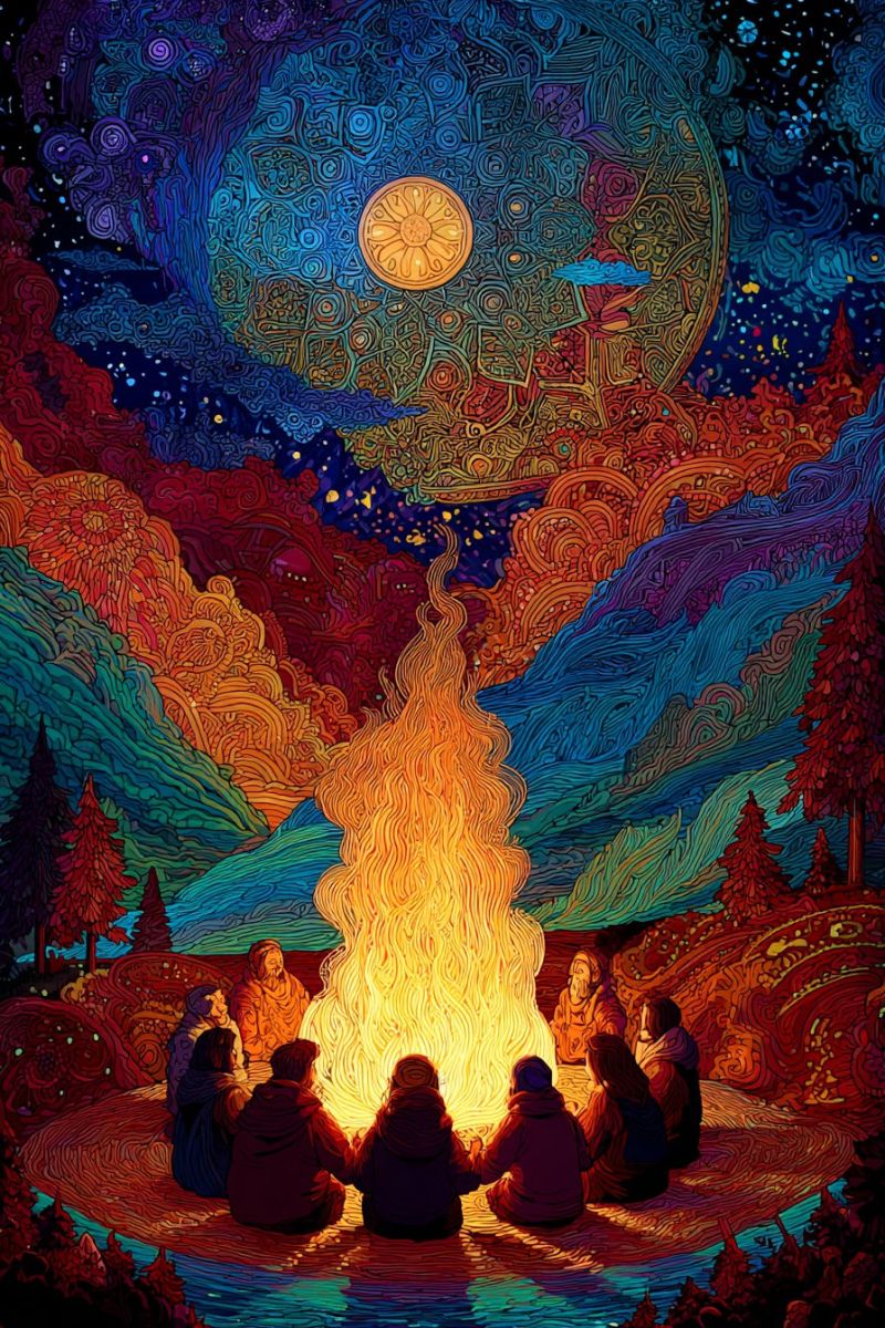 Campfire night people sitting fire camp trees mountains sky moon stars painting forest outdoors gathering warmth In a vibrant, surreal landscape, a group of people are gathered around a large bonfire in a forest. The fire is bright and central, casting warm light on the faces of the people. The background is a swirling mix of colors, with abstract patterns and shapes that seem to move and flow. The sky above is a deep blue, dotted with stars and a large, glowing moon. The trees around the fire are dark and leafy, adding to the mystical atmosphere. The people are dressed in warm clothing, suggesting a cool night. The overall scene feels both peaceful and otherworldly.
