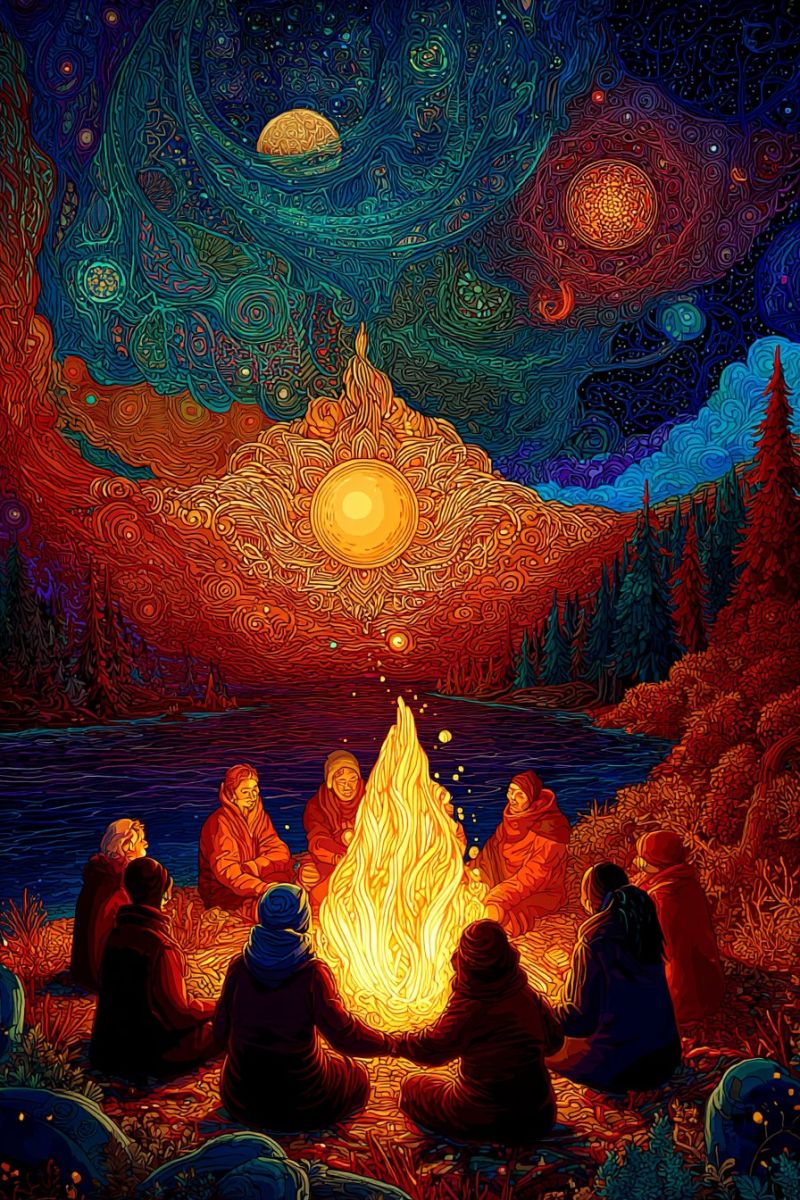 Feu camp nuit gens lac arbres ciel lune soleil etoiles montagnes foret eau reflet camping rassemblement chaleur nature Un groupe de personnes est réuni autour d'un grand feu de camp dans un cadre forestier. Le feu est brillant et central, projetant une lumière chaude sur les visages des gens. Ils portent tous des vêtements d'hiver, certains avec des chapeaux. L'arrière-plan présente un ciel sombre et étoilé avec un grand soleil lumineux et une lune croissante. Le ciel est rempli de motifs tourbillonnants et de couleurs vives, créant une atmosphère onirique. La forêt est dense avec des arbres, et le sol est recouvert de feuilles mortes. La scène générale est paisible et intime, avec la chaleur du feu créant une atmosphère chaleureuse et accueillante.