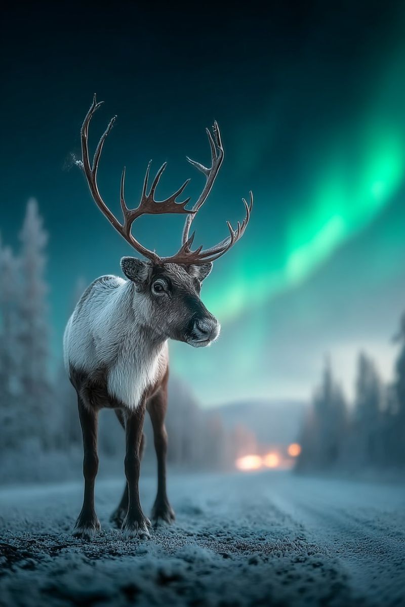Reindeer animal wildlife nature snow winter cold frost ice trees forest sky night dark aurora borealis northern A reindeer stands in a snowy landscape, its white and brown fur contrasting with the icy ground. The reindeer has large, curved antlers and a curious expression. Behind it, the sky is dark, with a vibrant green aurora borealis illuminating the scene. In the distance, there are silhouettes of trees and a faint light, possibly from a vehicle or a distant town. The overall atmosphere is serene and magical, with the reindeer appearing as a central figure in this wintery, enchanted setting.