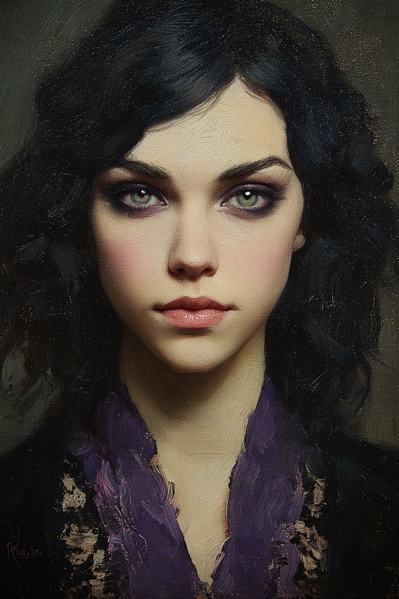 Woman painting realism oil beauty expression fashion makeup eye lips skin texture A detailed oil painting of a woman with dark, wavy hair cascading down her shoulders. She has a pale complexion and striking green eyes with dark eyeliner. Her lips are painted in a soft pink shade, and she has a slight blush on her cheeks. She is wearing a purple top with intricate patterns, and her hair is styled in loose waves. The background is dark, and the painting has a slightly blurry effect, giving it a dreamy and ethereal quality.
