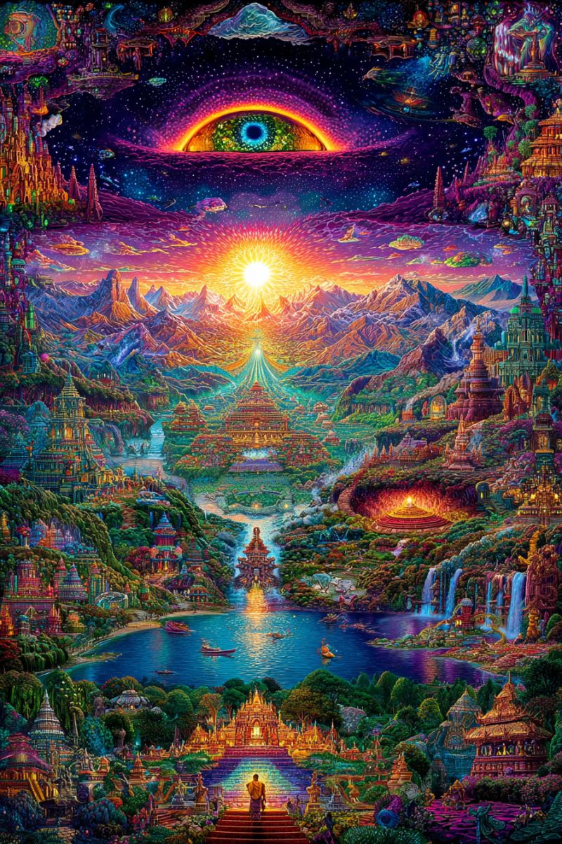 Painting fantasy imagination dream colorful mountain water sun sky temple architecture bridge river boat waterfall forest Paysage vibrant et fantastique rempli d'une variété de structures et d'éléments naturels. Au centre, un grand soleil radieux se lève sur une majestueuse chaîne de montagnes, projetant une lueur chaude sur la scène. Les montagnes sont ornées de bâtiments et de temples colorés et complexes, dont certains ont des flèches s'élevant vers le ciel. Une rivière traverse le paysage, reliant une série d'îles et s'écoulant vers un grand temple orné au premier plan. Le temple est entouré de verdure luxuriante et possède un grand escalier qui y mène. Au premier plan, une personne en robe jaune se tient sur l'escalier, regardant vers le soleil. Le ciel est d'un violet profond, parsemé d'étoiles et d'un grand oeil lumineux qui ajoute un élément mystique à la scène