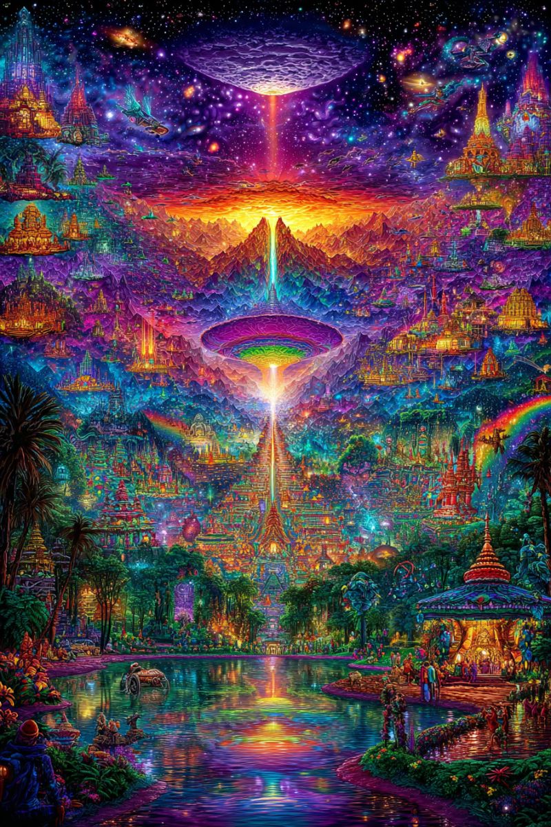 Fantaisie imagination alien espace ville architecture nuit ciel arc eau pont voiture arbres lampe lampadaire Paysage vibrant et fantastique rempli d'une variété de structures et d'éléments colorés. Au premier plan, il y a un lac serein avec les reflets du ciel et des couleurs environnantes. Sur le côté gauche du lac, une personne est assise sur le bord, profitant peut-être de la vue. Le lac est entouré de verdure luxuriante, y compris des arbres et des plantes. Au milieu de l'image, un grand objet circulaire multicolore ressemblant à un vaisseau spatial ou un portail émet une lumière brillante semblable à un arc-en-ciel. Cette lumière illumine toute la scène, projetant une lueur magique. Au-dessus du vaisseau spatial, il y a une grande lune ou planète lumineuse, ajoutant au thème céleste. Le fond est rempli d'une variété de bâtiments fantastiques, certains ressemblant à des temples ou des palais, avec des designs complexes et des couleurs vives. Il y a aussi des créatures volantes et d'autres éléments fantastiques dispersés dans le ciel. L'atmosphère générale est celle de l'émerveillement et de l'imagination, avec un mélange d'éléments futuristes et mystiques.