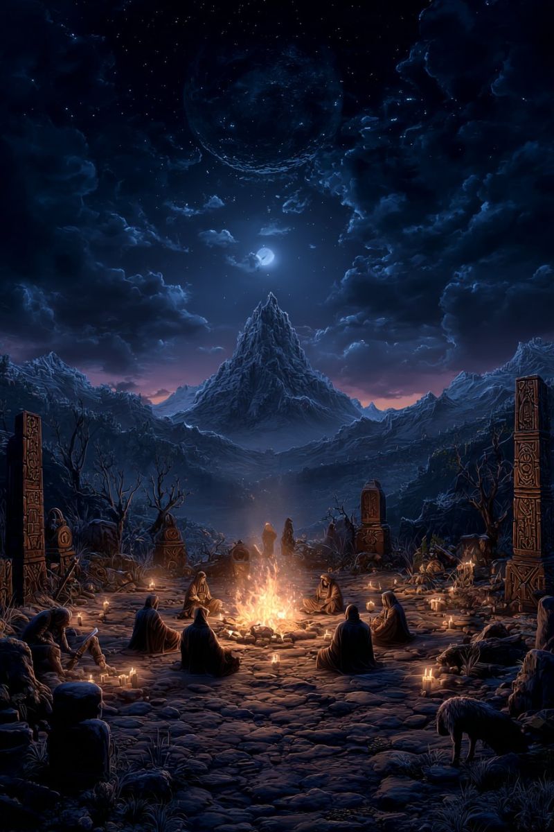 Nuit montagne ciel feu gens camp pierre bougie chien lune nuage obscurite rocher arbre groupe assis dehors Dans une nuit sombre et mystique, un groupe de personnes est réuni autour d'un grand feu de camp dans une zone rocheuse et montagneuse. Le ciel est rempli d'étoiles et d'une lune brillante, projetant une douce lueur sur la scène. Les gens sont assis en cercle, certains la tête baissée, tandis que d'autres regardent vers le feu. Le feu est entouré de bougies, et il y a deux grands piliers de pierre de chaque côté du cercle. En arrière-plan, il y a d'autres montagnes, et le ciel est rempli de nuages.