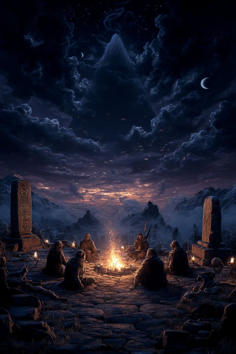 Night fire mountain sky campfire people stone dark clouds moon rock sunset group sitting gathering ritual ancient ceremony worship In a mountainous area under a night sky, a group of people are gathered around a bonfire. The scene is illuminated by the warm glow of the fire, casting shadows on the rocky ground. The people are dressed in cloaks and hoods, suggesting a cold environment. Two large stone pillars with intricate carvings stand on either side of the fire. The sky is filled with clouds, and the moon and stars are visible, adding to the mystical atmosphere. The mountains in the background are shrouded in mist, enhancing the sense of isolation and mystery.