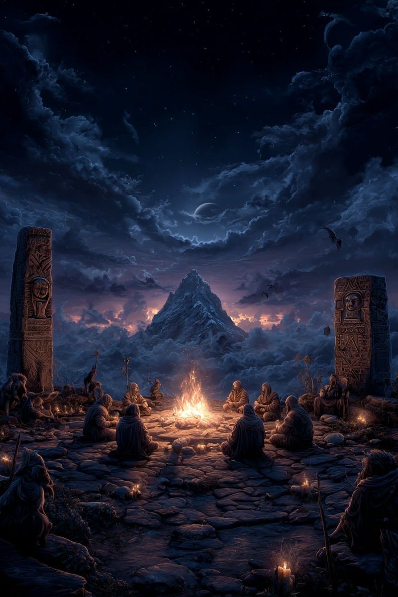 Nuit feu montagne gens pierre ciel nuage obscurite groupe assis camp rituel ancien ceremonie tribu adoration mystique spirituel rassemblement Dans une scène nocturne mystique, un groupe de personnes est rassemblé autour d'un feu de camp central, leurs visages illuminés par les flammes vacillantes. Ils sont assis par terre, certains la tête baissée, d'autres fixant le feu. Le cadre est entouré d'un terrain rocheux, avec deux grands piliers de pierre de chaque côté, chacun sculpté de motifs complexes. Le ciel au-dessus est d'un bleu profond, rempli de nuages et d'étoiles, avec une pleine lune projetant une douce lueur. Au loin, une majestueuse chaîne de montagnes est en silhouette contre le ciel nocturne, ajoutant à la grandeur de la scène.