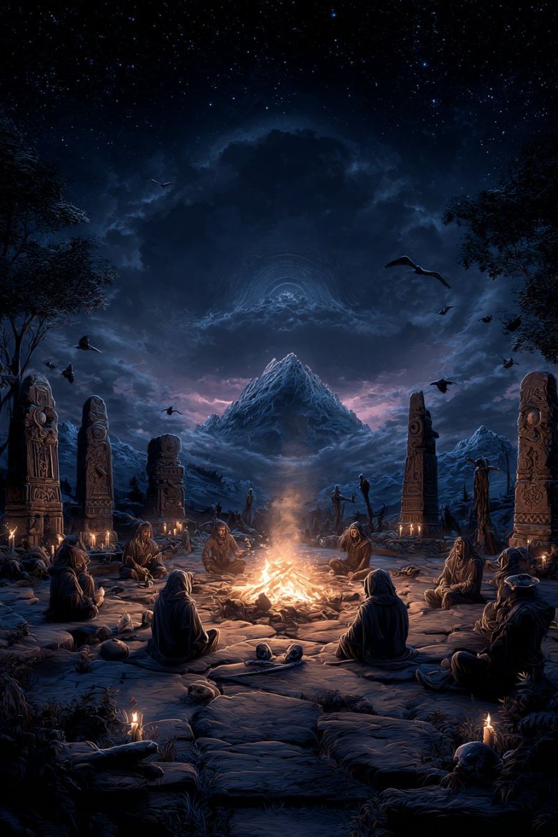 Nuit feu montagne ciel obscurite nuage pierre gens groupe assis rituel bougie ancien mystique ceremonie adoration spirituel rassemblement Dans une nuit sombre et mystique, un groupe de personnages encapuchonnés est assis autour d'un feu central dans une zone rocheuse et montagneuse. Le feu projette une lueur chaude sur les visages des personnages, qui semblent être engagés dans un rituel ou une cérémonie. Autour du feu se trouvent plusieurs piliers de pierre sculptés, chacun avec des motifs complexes. Le ciel au-dessus est rempli d'étoiles et de nuages, et des oiseaux volent au loin. Le sol est rocheux, et il y a des bougies éparpillées dans la zone, ajoutant à l'atmosphère mystique. En arrière-plan, une chaîne de montagnes est visible, avec une touche d'aura mystique ou magique.