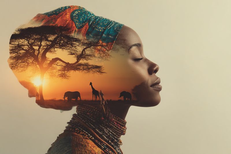 Woman head scarf necklace jewelry earrings ear earring woman's profile with her eyes closed, set against a back of a sunset in a savanna landscape. Her head is adorned with a vibrant, patterned headscarf. The silhouette of a tree, with its branches reaching out, is superimposed over her head, and the setting sun casts a warm glow on her face. In the background, there are silhouettes of animals, including a giraffe, an elephant, and a baby elephant, all standing in the golden light of the sunset. The woman's face is framed by intricate beaded necklaces, adding to the cultural richness of the image.