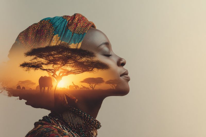 Woman scarf head tree sun sunset wildlife elephant giraffe safari nature beauty fashion ethnic cultural A woman's face is superimposed over a landscape featuring a sunset, trees, and animals. Her face is turned to the side, and she wears a colorful headscarf with intricate patterns. The landscape includes a silhouette of a tree, a setting sun, and animals like elephants and giraffes in the background. The sky is painted in warm orange and yellow hues, creating a serene and picturesque scene.