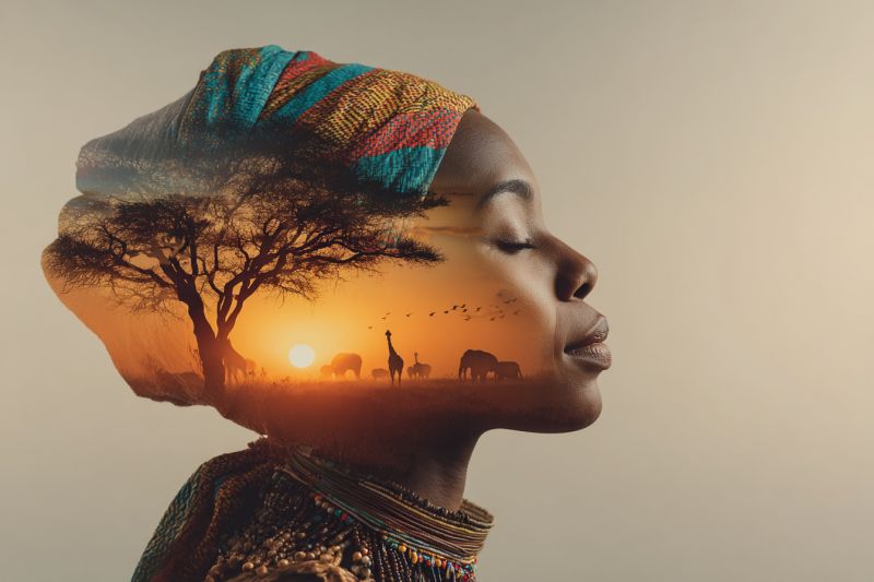 Woman head scarf necklace jewelry neck ear earring earrings A woman's profile is shown with her eyes closed, her face partially overlaid with a silhouette of a tree. She wears a colorful headscarf and a beaded necklace. Behind her, a sunset scene is depicted with a giraffe, elephants, and other wildlife in a savanna landscape. The sky is painted in warm hues of orange and pink, and the silhouette of the tree and the woman's face are slightly blurred, creating a dreamy effect.
