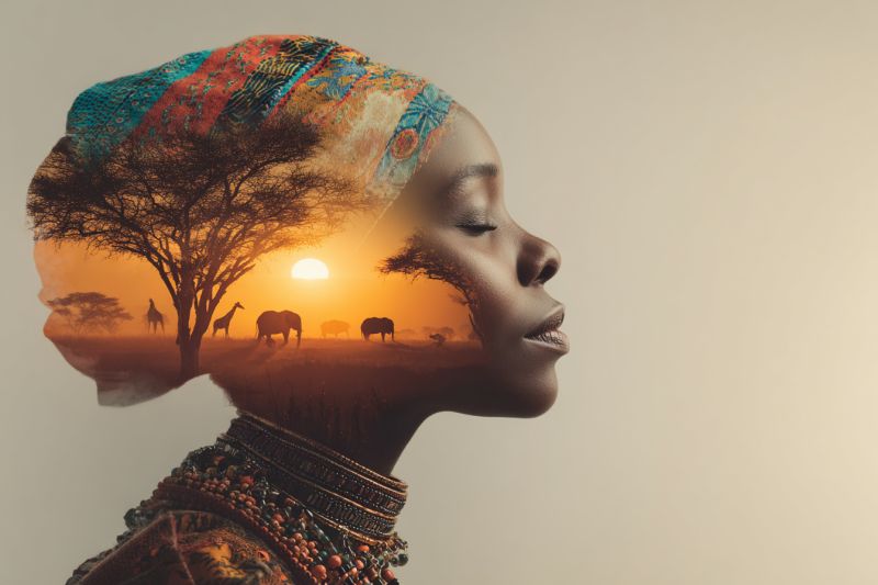 Woman african head safari wildlife sunset nature tree elephant giraffe buffalo sun sky overlay double exposure A woman's profile is shown with her eyes closed, her face partially overlaid by a silhouette of a tree. Her head is adorned with a colorful headscarf. Behind her, the image of a sunset is visible, with silhouettes of animals such as giraffes, elephants, and possibly a rhino. The sky is painted in warm hues of orange and yellow, indicating the setting sun. The background is a blend of the woman's face and the natural landscape, creating a surreal and artistic composition.