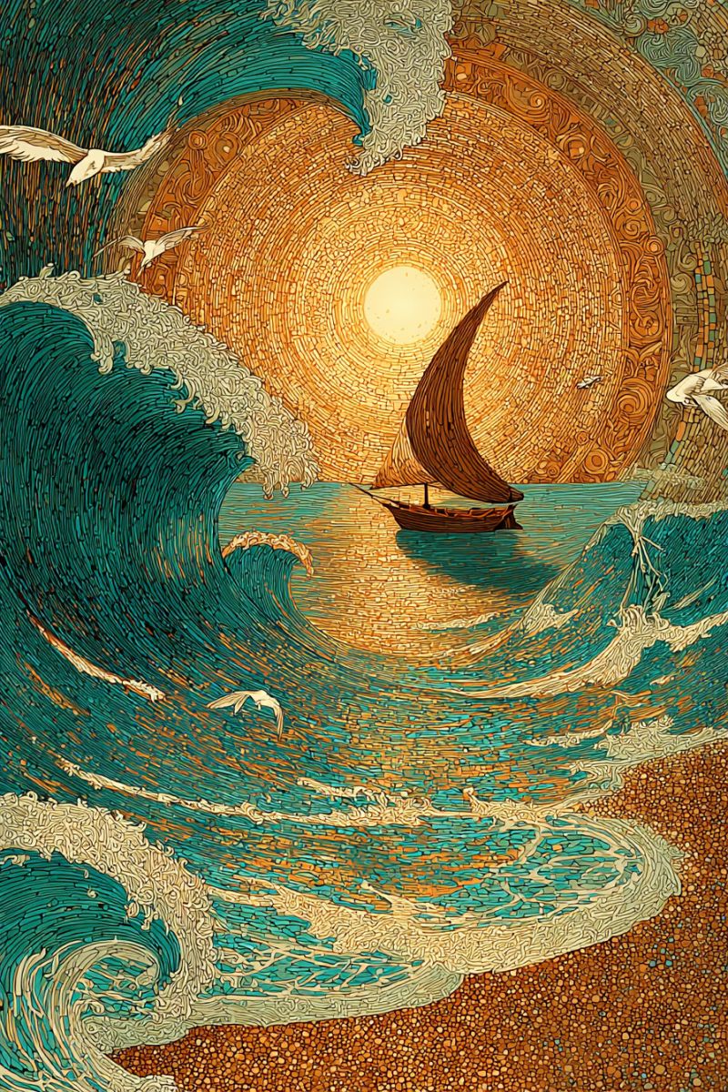 Painting boat sea wave sun sky water sunlight sunrise sunset beach shore ocean nature colorful pattern serene ocean scene with a small boat sailing in the middle. The boat has a triangular sail and appears to be moving gently on the water. The ocean is depicted with large, stylized waves that are predominantly blue and white, creating a sense of motion and depth. The waves are intricately detailed, with swirling patterns that mimic the natural movement of water. In the background, there is a large, circular sun with rays extending outward, adding a warm, golden hue to the scene. The sky is a mix of orange and yellow, suggesting either sunrise or sunset. Several birds are flying above the waves, adding a sense of freedom and life to the scene. The overall composition is balanced, with the boat and waves taking center stage, while the sun and sky provide a beautiful backdrop.