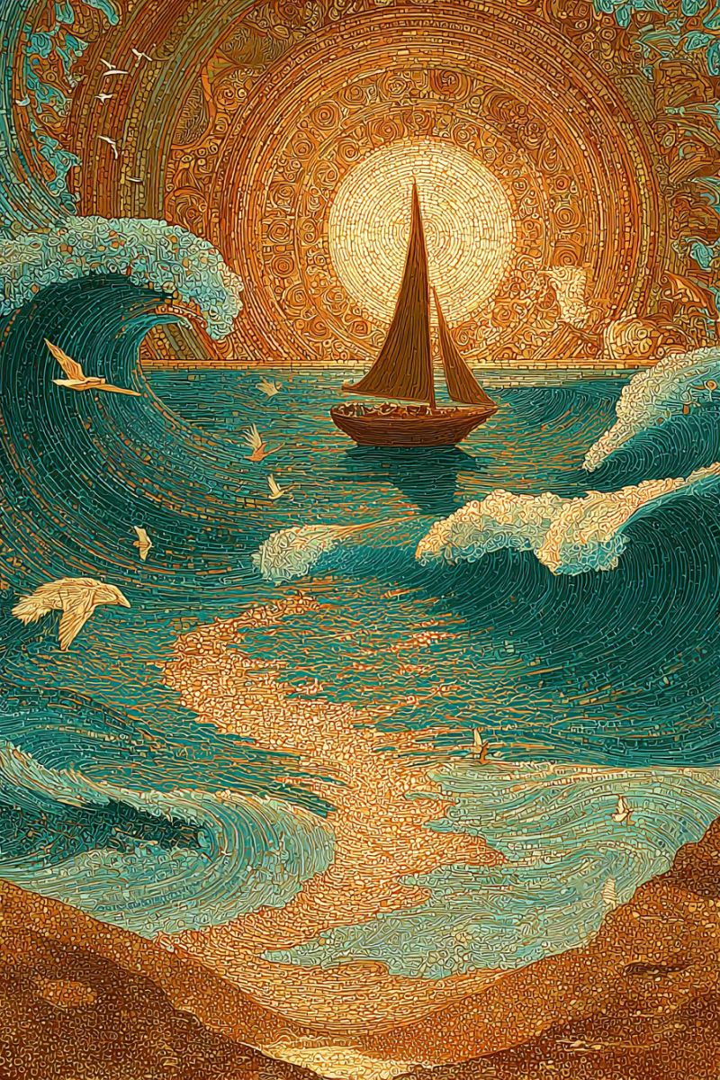 Painting boat sea waves sun sky water ocean sunlight vibrant and dynamic seascape. In the foreground, there is a small sailboat gracefully navigating through the waves. The waves are depicted with intricate, swirling patterns, creating a sense of motion and depth. The sea is a deep teal color, contrasting with the golden hues of the waves. Above the sailboat, the sky is a warm, golden circle, possibly representing the sun, surrounded by intricate, ornate patterns. Several birds are flying above the waves, adding to the lively atmosphere. The background features a sandy shore with more intricate patterns, blending seamlessly with the sea. The overall composition is rich in detail and color, evoking a sense of adventure and natural beauty.