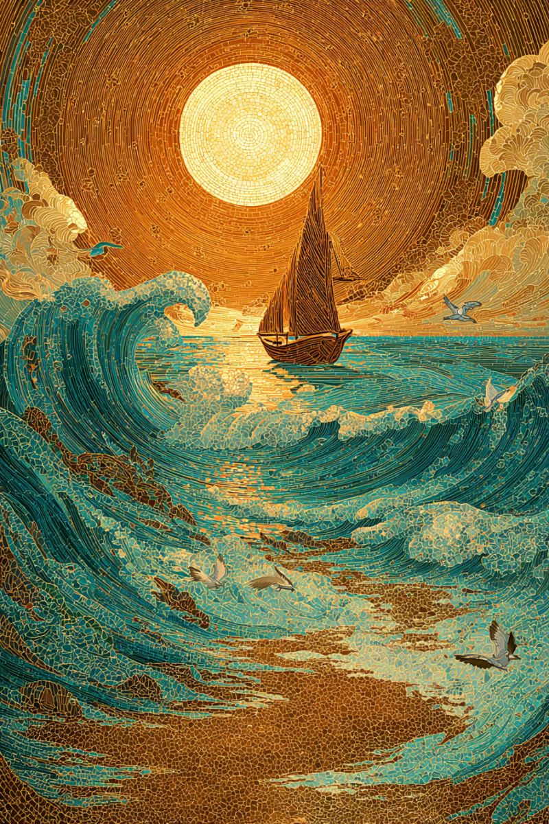 Painting boat ocean waves sun sky water sea clouds serene ocean scene with a small sailboat navigating through the waves. The waves are depicted in shades of teal and brown, creating a dynamic and textured appearance. The sky above is a warm, golden hue, with a large, circular sun at its center, radiating outward in concentric circles. The sun's rays cast a gentle glow over the water, enhancing the overall tranquil atmosphere. In the sky, there are several birds flying, adding a sense of freedom and movement. The overall composition is rich in color and detail, with a focus on the interplay between the sea, sky, and the small boat.