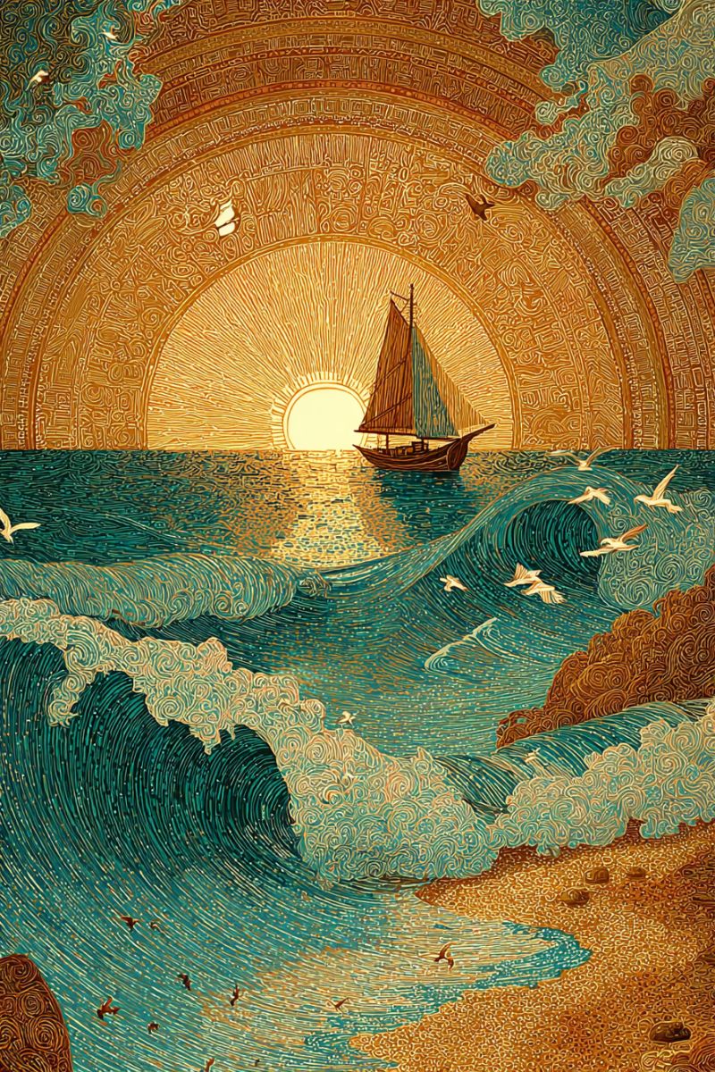 Bateau nuage design ocean mer navire ciel soleil texture eau Paysage marin serein avec un voilier naviguant vers le soleil couchant. Le soleil est représenté comme un grand cercle jaune chaud, partiellement obscurci par un arc doré de nuages. Le ciel est un mélange de bruns chauds et de teintes dorées, créant un effet de coucher de soleil. La mer est d'un bleu-vert profond, avec des vagues finement détaillées de motifs tourbillonnants. Les vagues se brisent doucement contre un rivage sablonneux, orné de petits rochers éparpillés. Plusieurs oiseaux volent dans le ciel, ajoutant au sentiment de liberté et de mouvement. La scène globale est paisible et pittoresque, capturant la beauté d'un coucher de soleil en mer.