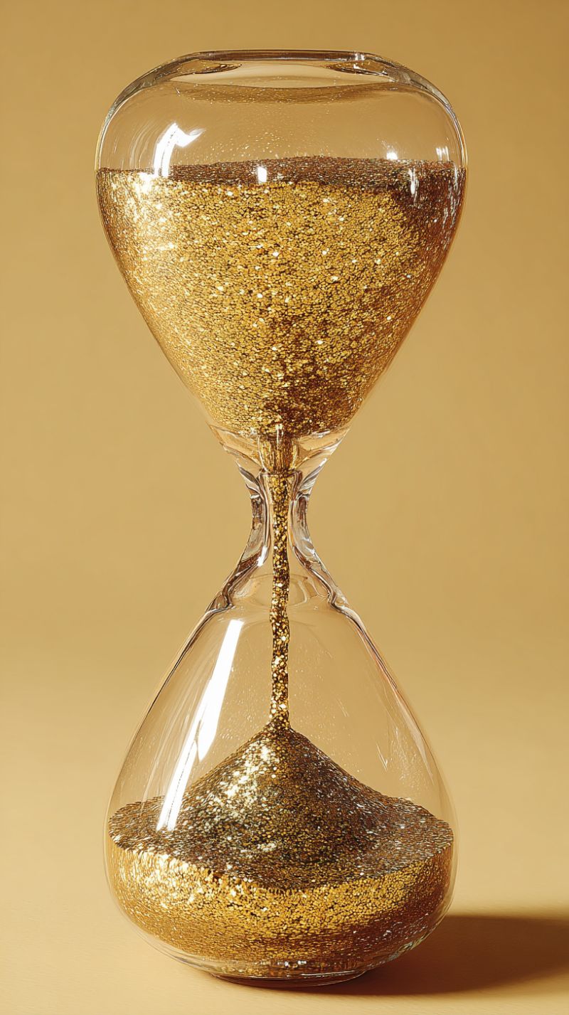 Hourglass glass gold sparkle glimmer glitter decoration design texture pattern reflection shadow craft material object still life A clear glass hourglass filled with golden glitter is positioned on a beige background. The hourglass has a narrow neck connecting two rounded bulbs, with the upper bulb filled with glitter and the lower bulb empty. The glitter sparkles and catches the light, creating a shimmering effect. The hourglass is placed on a flat surface, and the background is a solid beige color.
