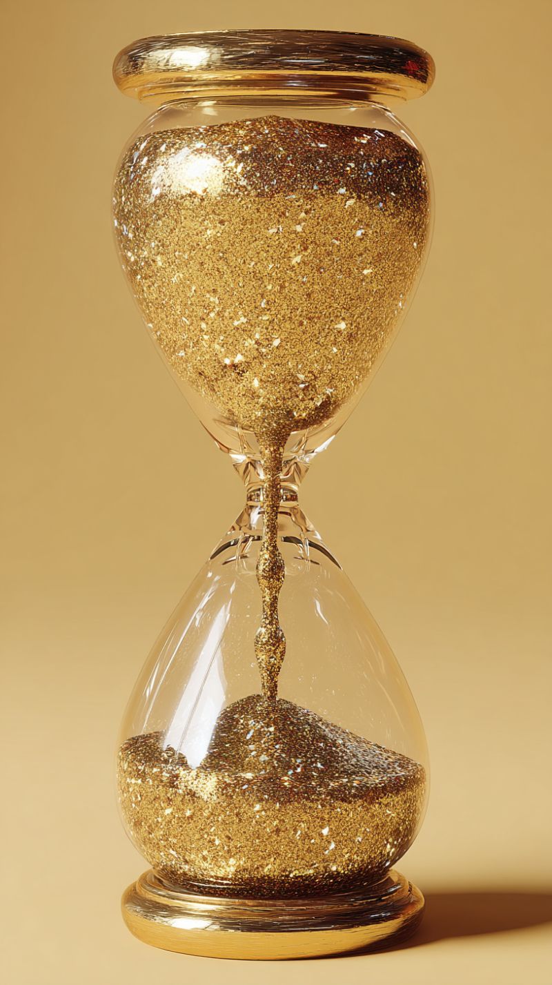 Hourglass eclat lueur paillettes sable temps luxe elegance reflexion ombre texture decoratif design minimalisme moderne Sablier doré rempli de paillettes dorées scintillantes. Le sablier a un haut arrondi et un milieu étroit, avec les paillettes tombant de la section supérieure vers la section inférieure. Le sablier est placé sur une base de couleur or, et les paillettes reflètent la lumière, créant un effet scintillant. Le fond est d'une couleur beige douce et chaude, qui complète les tons dorés du sablier.