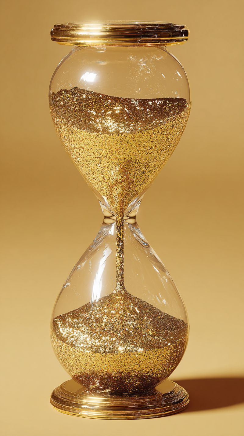 Hourglass eclat lueur paillettes verre contenant decoration design affichage elegant fantaisie bijoux luxe moderne opulent precieux brillant etincelan Sablier doré rempli de paillettes dorées scintillantes. Le sablier a un design élégant et moderne avec une base lisse et arrondie et un col légèrement plus étroit. Les paillettes à l'intérieur du sablier captent la lumière, créant un effet scintillant. Le sablier est placé sur un fond beige clair, qui contraste avec la couleur dorée du sablier et des paillettes. Les paillettes semblent tomber de la boule supérieure vers la boule inférieure, indiquant que le sablier est en mouvement.