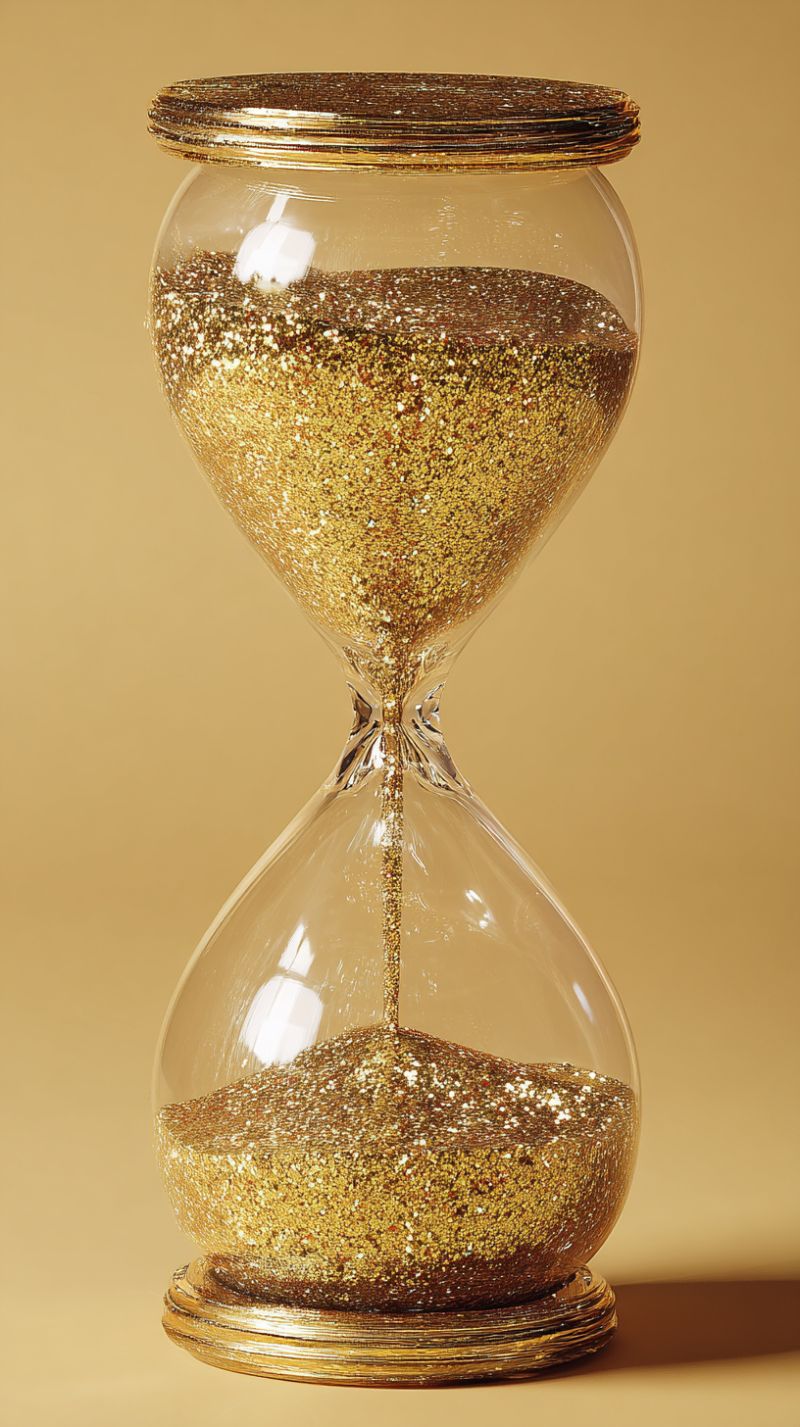 Hourglass glass time decoration luxury elegant sparkle glimmer glittery shiny glint sparkling glitter glimmering gold A decorative hourglass filled with golden glitter is displayed on a beige background. The hourglass has a gold-plated lid and base, and the glitter inside sparkles brightly. The hourglass is positioned upright, with the glitter cascading from the top bulb to the bottom bulb through a narrow neck. The glitter appears to be a mix of gold and silver, creating a shimmering effect. The hourglass is a decorative item, possibly used as a decorative piece or a novelty item.