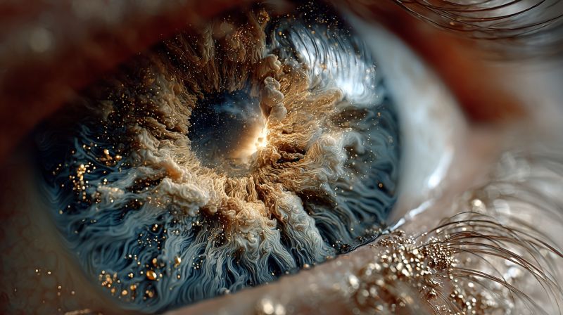 Oeil pupille iris cornee sclere paillette etincelle reflet macro texture profondeur mise point bokeh Vue rapprochée d'un oeil humain, mettant l'accent sur l'iris et la pupille. L'iris est d'une couleur bleu profond avec des motifs complexes ressemblant à des nuages tourbillonnants ou à de la fumée. Il y a des taches dorées et blanches dispersées dans l'iris, ajoutant un effet étincelant. La pupille est un centre sombre, presque noir, entouré par les teintes bleues et dorées de l'iris. Les cils sont visibles, avec certains brins légèrement recourbés et d'autres posés à plat contre la peau. La peau autour de l'oeil est lisse, avec quelques minuscules taches de rousseur ou pores visibles. L'effet global est celui de profondeur et de texture, l'oeil apparaissant presque d'une beauté surnaturelle.