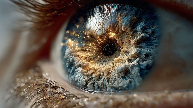 Oeil pupille iris cornee sclere reflexion eclat texture vision cils humain anatomie sante soin maquillage extensions Vue rapprochée d'un oeil humain, mettant l'accent sur l'iris et la pupille. L'iris est un mélange captivant de teintes bleues et dorées, avec des motifs complexes qui ressemblent à des nuages tourbillonnants ou à de la fumée. La pupille, un centre sombre, est entourée d'un anneau de bleu et d'or plus clairs, créant un effet fascinant. Les cils sont longs et épais, ajoutant à l'apparence dramatique et détaillée de l'oeil. L'effet global est à la fois artistique et réaliste, capturant la beauté et la complexité de l'oeil humain.