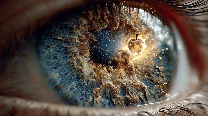 Oeil pupille iris retine cornee sclere lentille conjonctive paupiere globe oculaire nerf optique humour aqueux vitre larme canal orbite Vue rapprochée d'un oeil humain, mettant l'accent sur l'iris et la pupille. L'iris est d'un bleu profond avec des motifs complexes et tourbillonnants qui ressemblent à une galaxie ou à une nébuleuse, avec des nuances de bleu, d'or et des touches de rouge. La pupille est large et sombre, entourée d'un anneau de lumière qui donne à l'oeil un aspect lumineux. Au centre de la pupille, il y a un petit objet en forme de pomme dorée, ajoutant une touche surréaliste et artistique à l'image. Les cils sont longs et sombres, encadrant l'oeil et ajoutant de la profondeur à la composition.