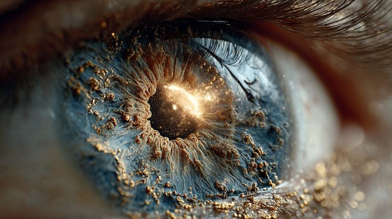 Eye pupil iris reflection glitter sparkle texture contrast depth focus sharpness bokeh macro vision eyelash Vue rapprochée d'un oeil humain, mettant l'accent sur l'iris et la pupille. L'iris est d'un bleu profond avec des motifs complexes ressemblant à des galaxies tourbillonnantes, avec des taches dorées et brunes ajoutant de la profondeur. La pupille est large et sombre, entourée d'un anneau de bleu plus clair. Les cils sont longs et sombres, projetant une ombre sur la partie supérieure de l'oeil. L'oeil semble regarder directement le spectateur, avec un léger reflet de lumière à la surface, lui donnant une apparence réaliste et captivante