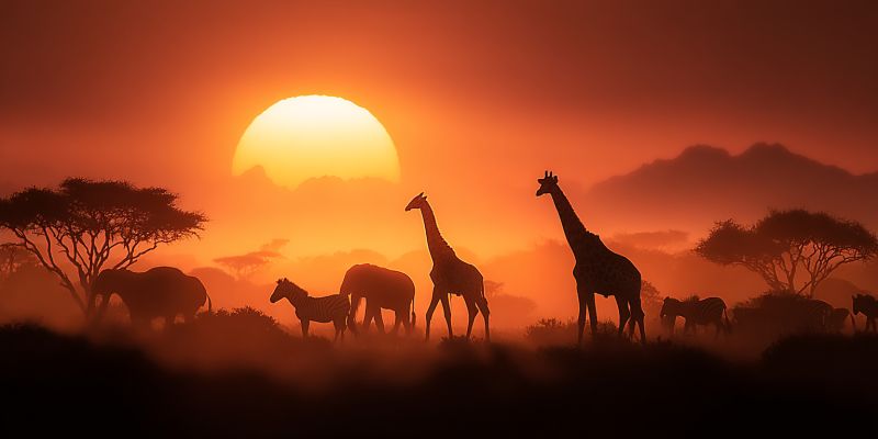 Sunset wildlife nature safari conservation sanctuary reserve habitat protection management observation tracking tips techniques equipment gear lightin a herd of animals, including giraffes, zebras, and elephants, are silhouetted against the back of a setting sun. The sun is large and bright, casting a warm, orange glow over the scene. The sky is filled with clouds, adding depth and texture to the image. The animals are spread out across the landscape, with some standing and others walking. The foreground is shrouded in mist, creating a sense of mystery and wonder. The overall mood of the image is peaceful and serene, with a sense of tranquility and beauty.