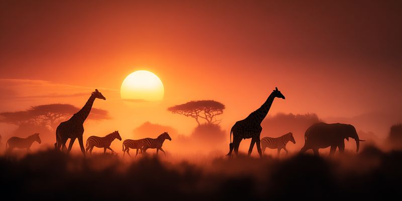 Safari faune nature animaux aventure conservation sanctuaire reserve habitat comportement pistage observation conseils Un troupeau d'animaux traverse un vaste paysage ouvert au coucher du soleil. Le ciel est peint de teintes chaudes d'orange et de rose, avec le soleil se couchant en arrière-plan. Les animaux comprennent des girafes, des zèbres et des éléphants. Les girafes sont grandes et élancées, avec de longs cou, tandis que les zèbres ont des rayures distinctives noires et blanches. Les éléphants sont grands et majestueux, avec de longues trompes. Les animaux marchent en ligne, avec les girafes en tête, suivies par les zèbres, puis les éléphants. Le paysage est plat et herbeux, avec quelques arbres au loin. La scène générale est paisible et sereine, avec les animaux se déplaçant lentement et gracieusement à travers la terre.