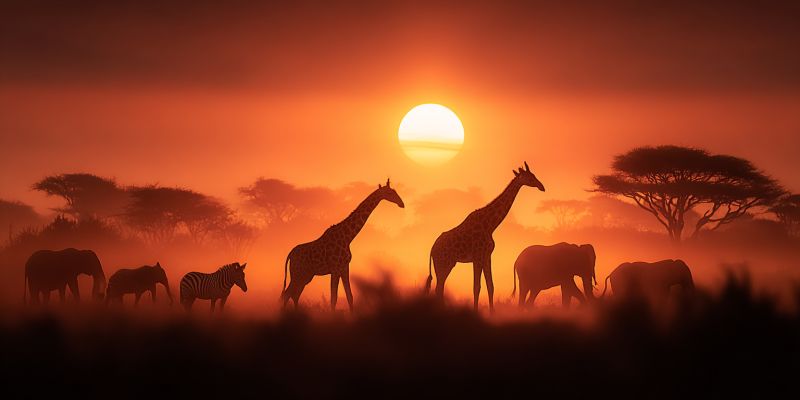 Coucher soleil faune safari nature animaux elephants girafes zebres crepuscule horizon brume arbres prairies lever conservation biodiversite ecosystem Un troupeau de divers animaux, y compris des girafes, des éléphants et des zèbres, marche dans un champ dégagé et brumeux sous un soleil couchant. Le soleil est grand et brillant, projetant une chaude lueur orangée sur la scène. Les animaux sont en silhouette contre le ciel, les girafes se tenant droites et les éléphants marchant en ligne. Les arbres en arrière-plan sont également en silhouette, et l'atmosphère générale est paisible et sereine.