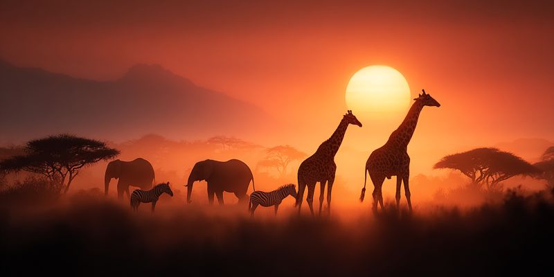 Faune sauvage safari reserve sanctuaire conservation habitat comportement pistage observation conseils techniques Un troupeau d'animaux est rassemblé dans une vaste savane ouverte au coucher du soleil. Le ciel est peint de teintes chaudes d'orange et de rose, avec le soleil se couchant en arrière-plan, projetant une lueur dorée sur la scène. Deux longues girafes se tiennent côte à côte, leurs longs cous tendus vers le haut. Devant elles, une zèbre avec ses rayures distinctives noires et blanches est en train de marcher. À gauche, un éléphant est debout, sa silhouette grande et majestueuse. L'arrière-plan présente une silhouette d'une chaîne de montagnes, ajoutant de la profondeur au paysage. Le sol est couvert d'un léger brouillard, renforçant l'atmosphère sereine et mystique de la scène.