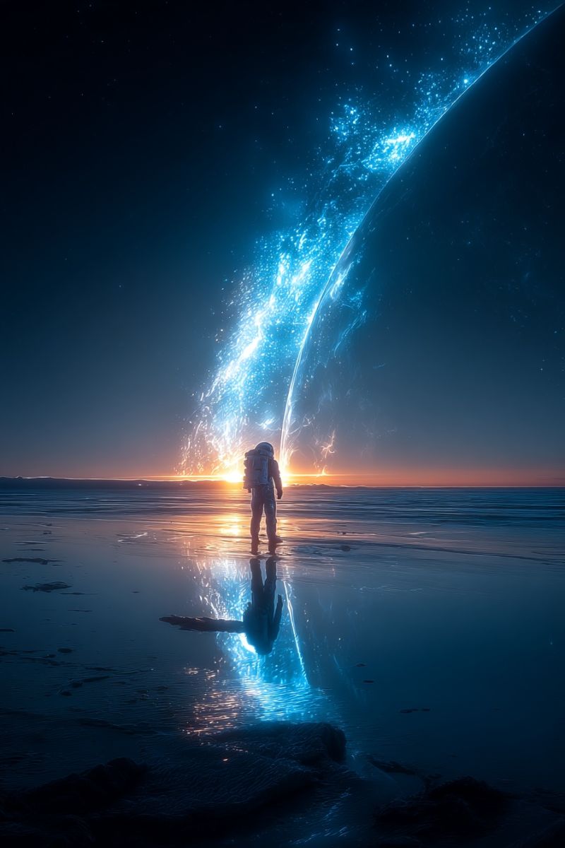 Space astronaut planet cosmos exploration galaxy universe star night sky reflection water sunset beach sea horizon adventure science fiction An astronaut stands on a beach at sunset, with a large planet in the background. The planet is surrounded by a glowing blue light, and the sky is dark with stars. The astronaut's shadow is reflected on the water, and the water is calm. The astronaut is wearing a helmet and a backpack. The sun is setting on the horizon, and the sky is orange and pink.
