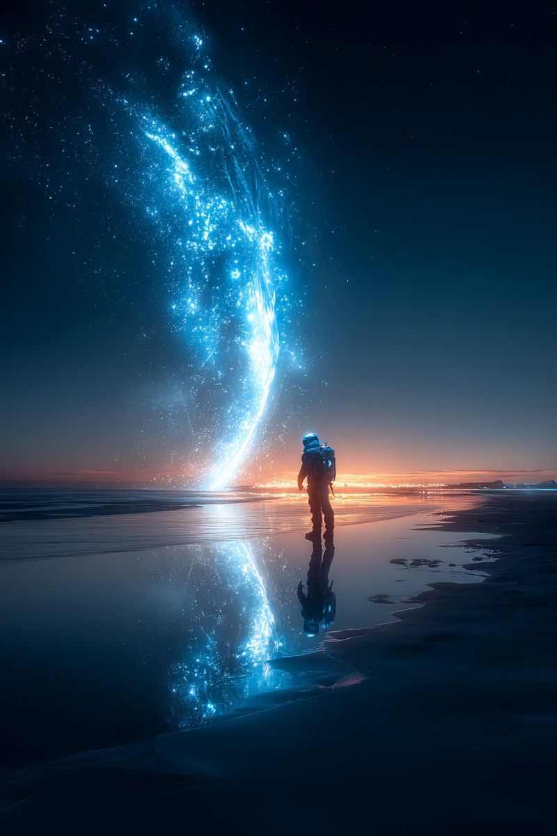 Astronaute plage nuit ciel etoiles galaxie reflexion eau univers cosmique exploration cosmonaute astronomie celeste poussiere rayons Un astronaute se tient sur une plage la nuit, portant une combinaison spatiale et un casque. La plage est calme avec de petites vagues, et le reflet de l'astronaute est visible dans l'eau. Derrière l'astronaute, une grande spirale lumineuse bleue et blanche s'étend du ciel, ressemblant à un phénomène cosmique. Le ciel est bleu foncé, avec des étoiles dispersées, et l'horizon montre une touche d'orange, suggérant le soleil couchant.