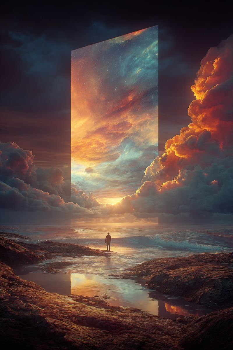 Sunset clouds sky water reflection ocean beach horizon dark night stars space universe imagination fantasy dream mystery wonder A person stands on a beach at sunset, with a large rectangular portal in the sky behind them. The portal is filled with a vibrant, colorful sunset sky, contrasting with the dark, cloudy sky around it. The person is silhouetted against the setting sun, and the water reflects the colors of the sky. The beach is rocky, with waves gently lapping at the shore.