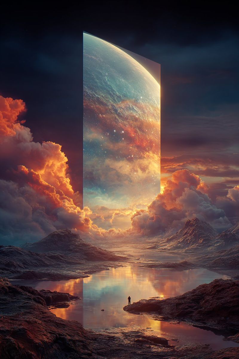 Planete spatiale nuages coucher soleil reflexion eau montagnes ciel nature horizon obscurite etoiles atmosphere nuageux cosmique celeste Paysage surréaliste avec un grand portail ou fenêtre rectangulaire au centre, révélant une vue d'une planète avec un ciel vibrant et multicolore rempli d'étoiles et de nuages. Le portail est encadré par des cieux sombres et nuageux de chaque côté, créant un contraste saisissant. Sous le portail, il y a un plan d'eau, peut-être un lac ou une mer, reflétant le ciel et les nuages. Sur le côté gauche de l'eau, il y a des falaises rocheuses et des montagnes. Au premier plan, une silhouette solitaire se tient sur un petit rocher, regardant vers le portail. La scène globale est un mélange d'éléments naturels et fantastiques, évoquant un sentiment de merveille et d'exploration.