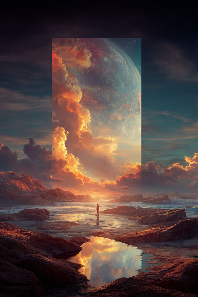 Coucher soleil plage ocean rochers reflet nuages ciel planete espace eau horizon atmosphere nature nuageux astronomique celeste cosmique Une personne se tient seule sur une plage au coucher du soleil, avec un grand cadre rectangulaire dans le ciel derrière elle. Le cadre montre une planète avec un ciel en feu, orange et rose, rempli de nuages. La personne se reflète dans l'eau, qui est calme et claire. La plage est rocheuse, avec des rochers et des pierres éparpillés autour. Le ciel est d'un bleu profond, et le soleil se couche, projetant une chaleur douce sur la scène.