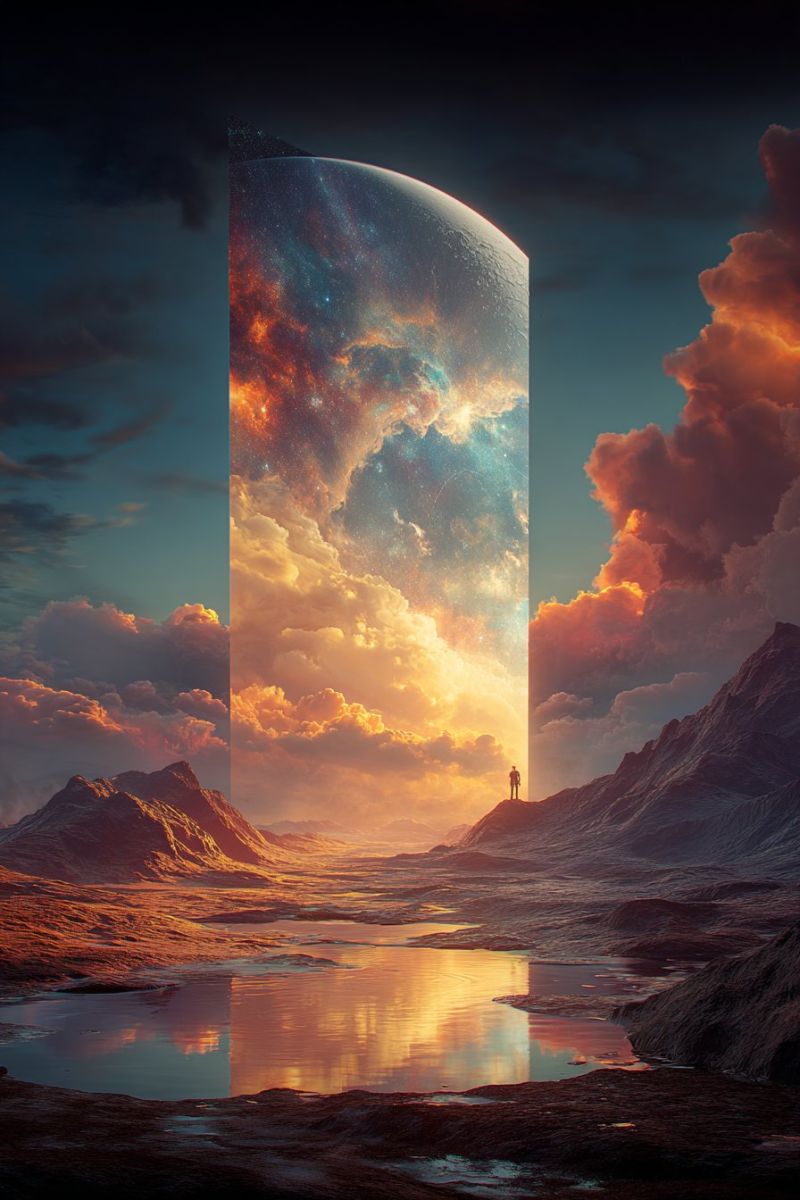 Sunset sky clouds mountains water reflection horizon nature outdoors scenery atmosphere space universe cosmos starry night surreal landscape with a large, reflective structure standing between two mountainous terrains. The structure is tall and curved, resembling a portal or gateway. It reflects the sky and clouds above, which are a mix of deep blues and fiery oranges, suggesting a sunset or sunrise. In the center of the structure, a person stands, appearing small in comparison to the vastness of the scene. The ground is rocky and barren, with a small body of water reflecting the sky and clouds. The sky is filled with clouds that are illuminated by the setting or rising sun, creating a dramatic and otherworldly atmosphere.