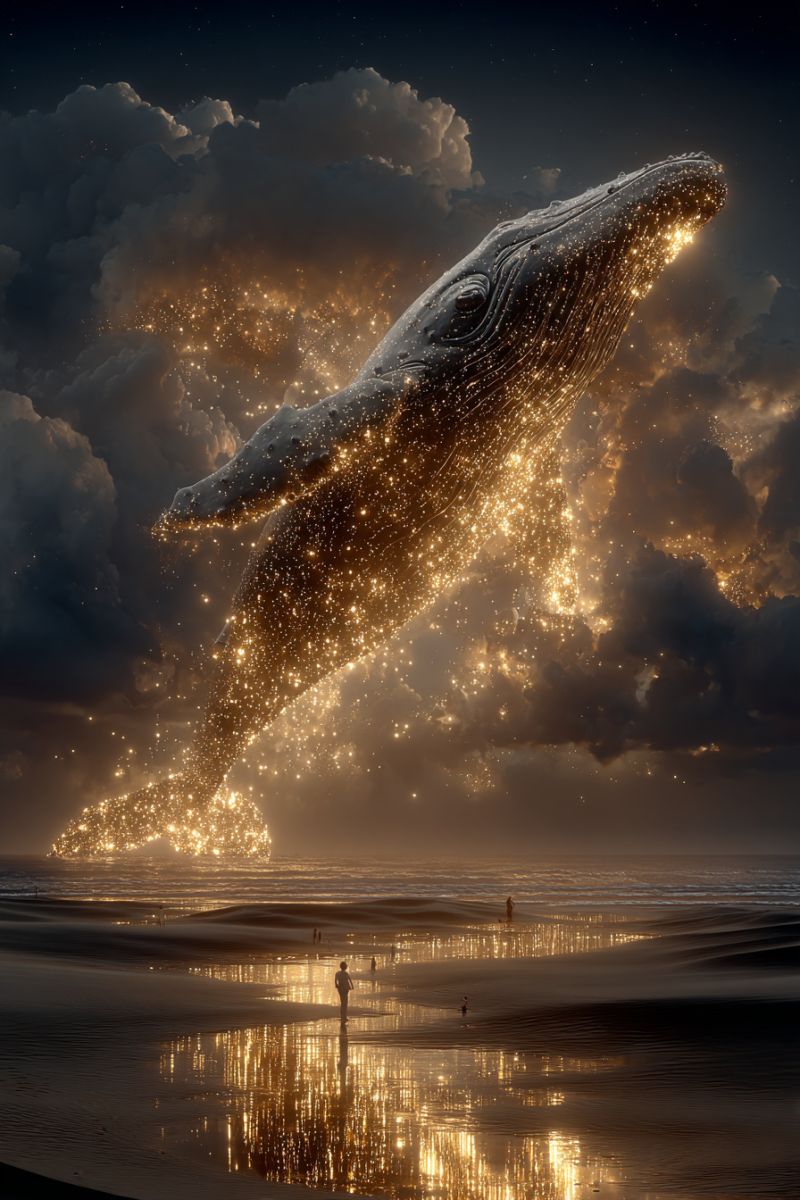 Whale night sky clouds beach water reflection sparkle fireworks ocean waves dark glow magic fantasy imagination A large humpback whale is leaping out of the water, its body illuminated by a golden glow. The whale's body is covered in a shimmering, golden light, creating a magical and ethereal effect. The sky is dark, with clouds illuminated by the whale's light, adding to the mystical atmosphere. On the beach, a person stands near the water, watching the whale with awe. The water reflects the golden light, creating a shimmering effect on the surface. The scene is set against a back of a dark, starry sky, adding to the sense of wonder and magic.